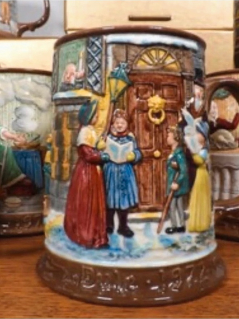 Royal Doulton Holiday Carolers Ceramic Stein in Red, Blue, Green, Yellow